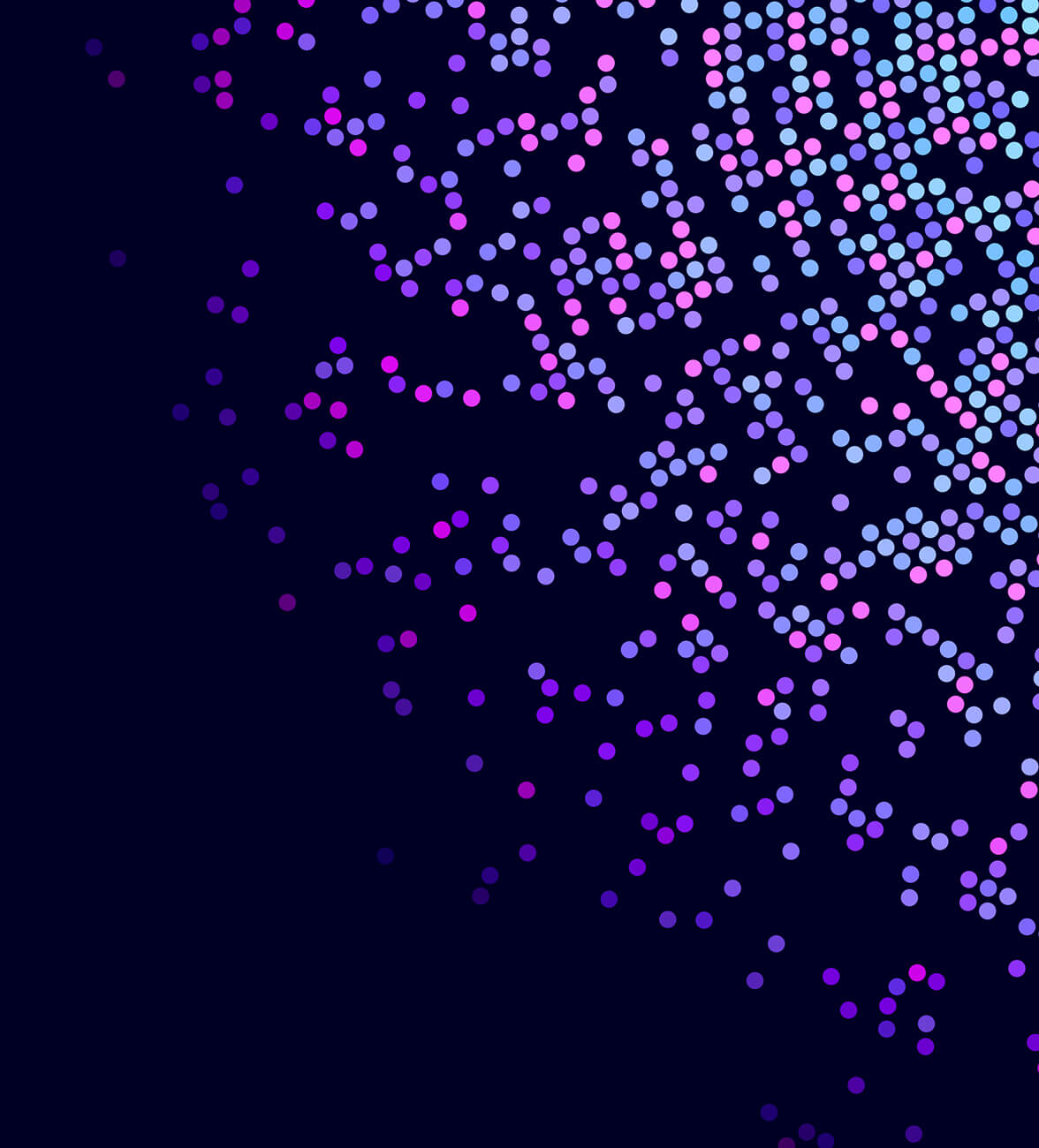 Abstract pattern of glowing purple, pink, and blue dots forming interconnected network-like shapes on a dark navy background.
