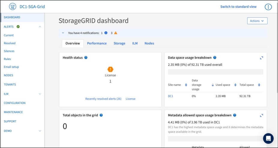 Grid Manager dashboard within BlueXP
