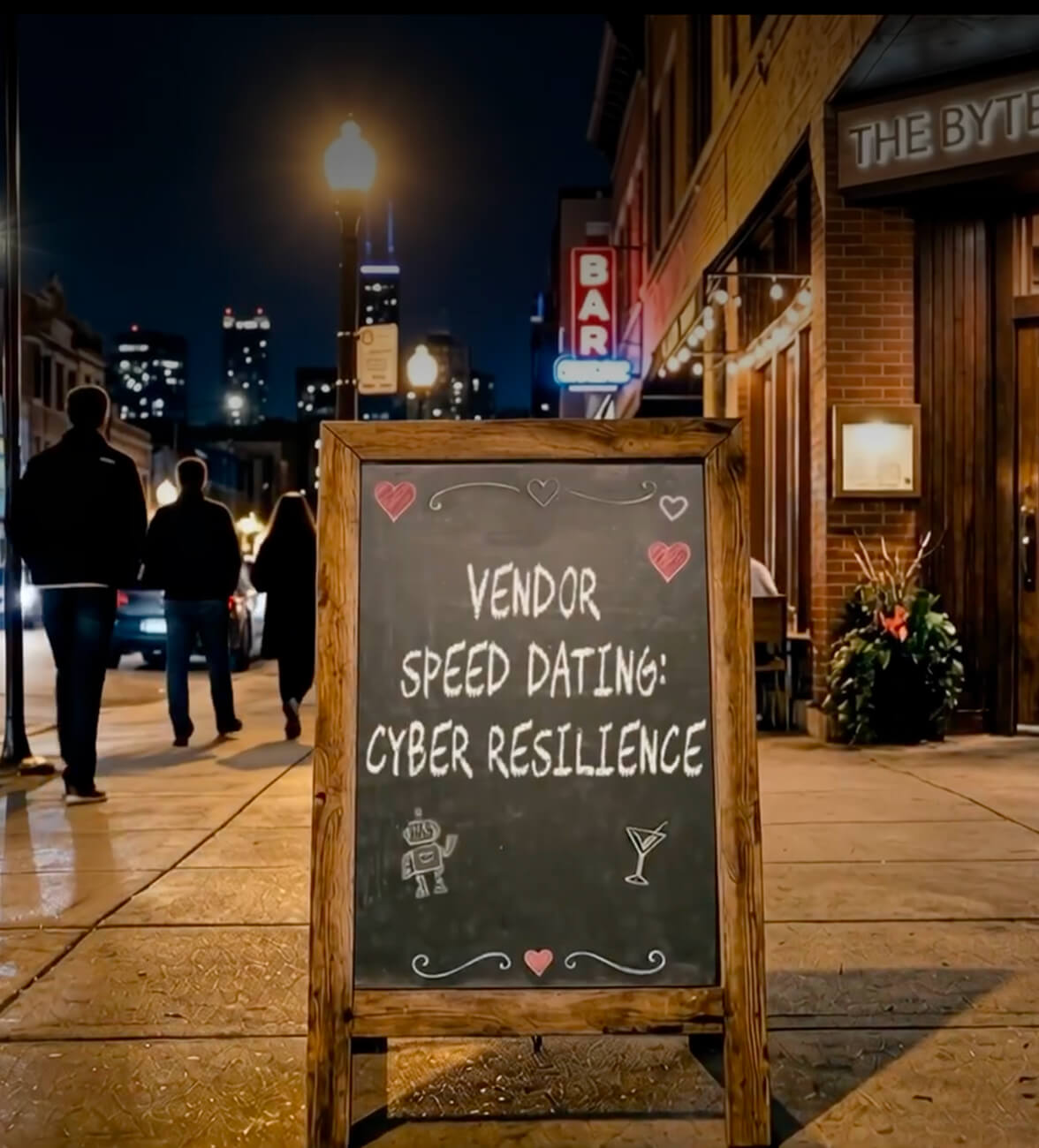 Chalkboard sign reading "Vendor speed dating Cyber Resilience" on a city sidewalk at night outside of a storefront
