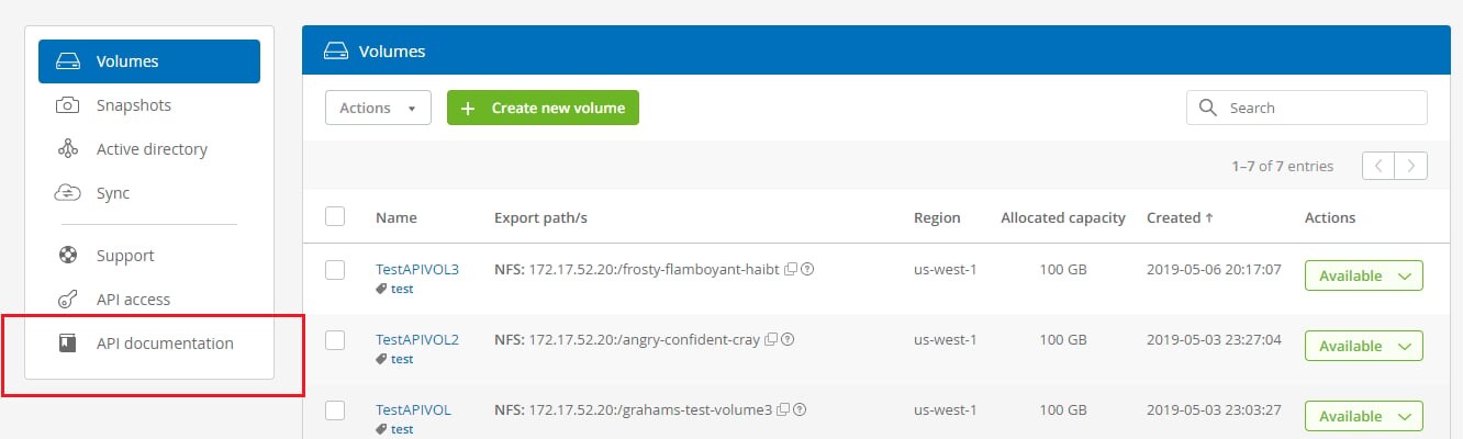 ‚Ä¢ You can access the Cloud Volumes as a Service API webpage, which is also accessible from your main Cloud Orchestrator UI. 