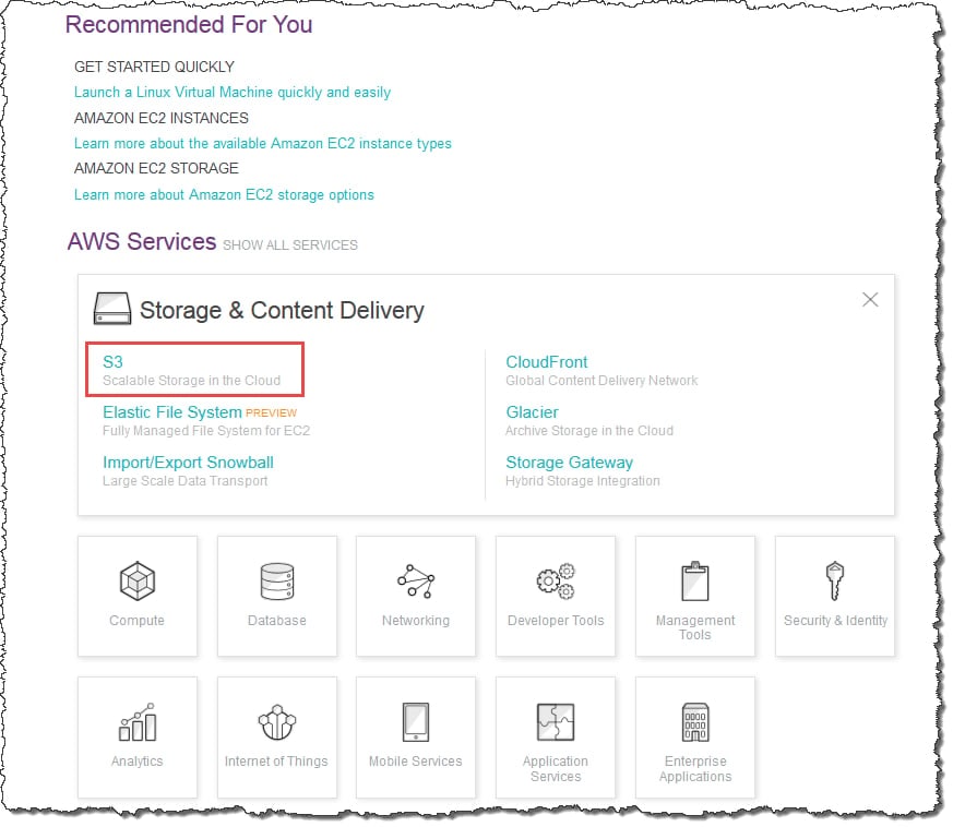 aws console s3 categorized
