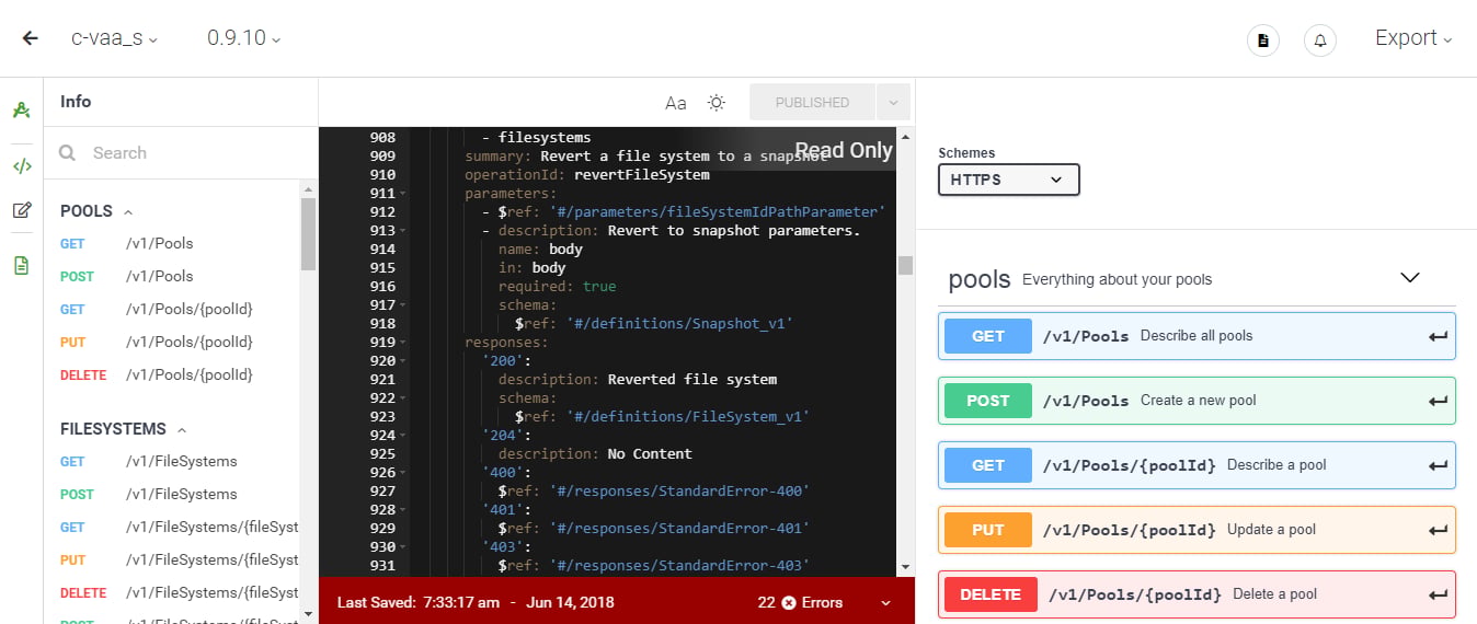 ‚Ä¢ You can access the Cloud Volumes as a Service API webpage, which is also accessible from your main Cloud Orchestrator UI. 