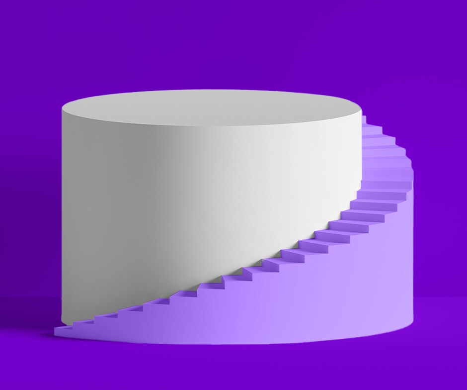 cylindre blanc avec un escalier en colimaçon mauve sur fond mauve
