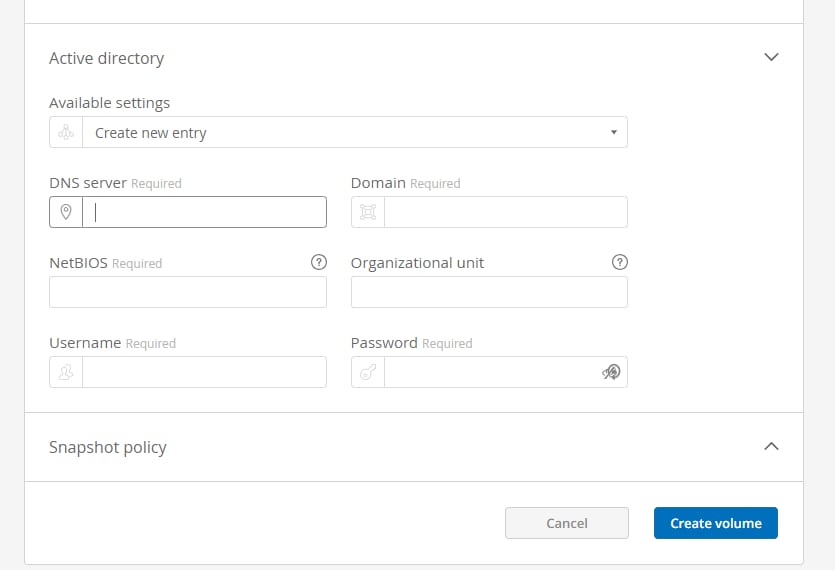 The process for setting up SMB volume access differs from that of an NFS volume because, in this instance, you’ll need to enter different information for the volume access permissions.