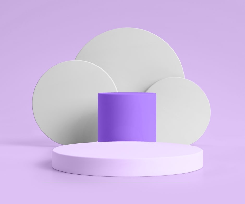 cilindro de color púrpura mostrados delante de círculos blancos que se superponen y un fondo morado más claro