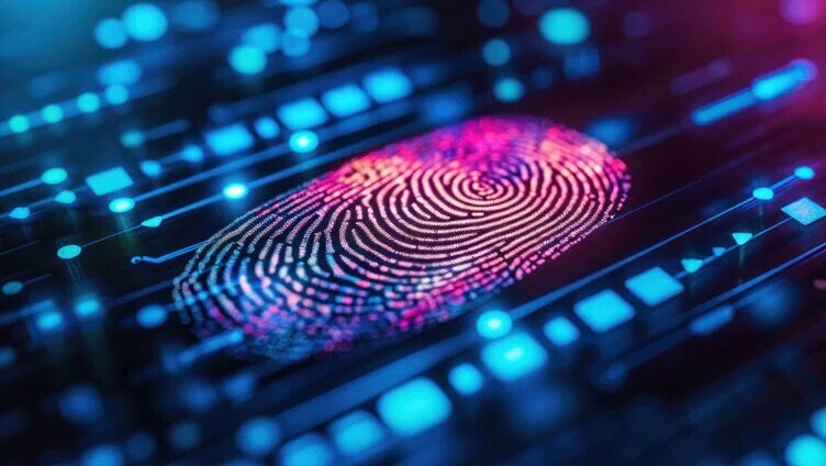Ilustração colorida de impressão digital simbolizando verificação de identidade e cibersegurança.