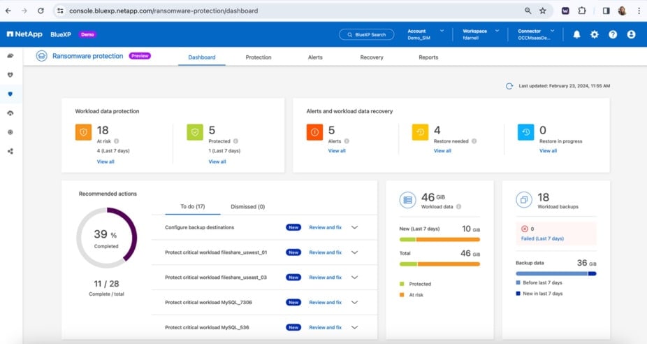 Dashboard: BlueXP ransomware protection