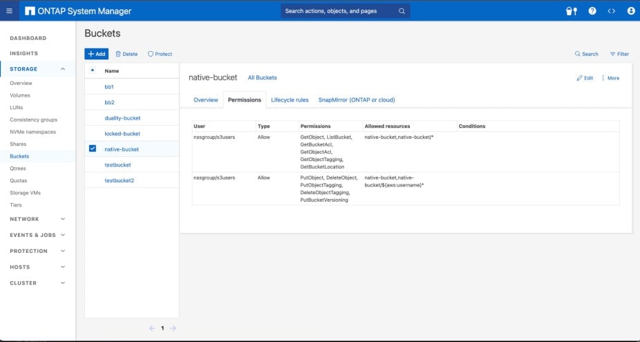 ontap system manager buckets dashboard
