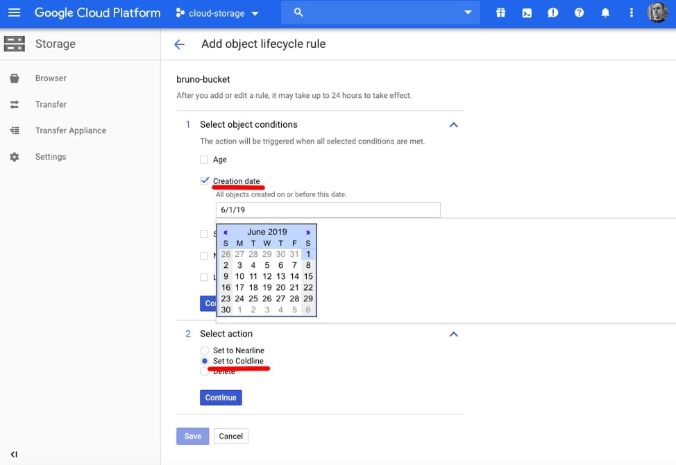 Setting the creation date for which all data will have its storage class changed.