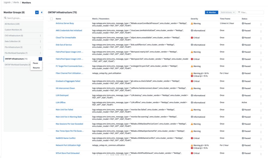 View the monitors in the ONTAP Infrastructure group to the right to find out more about them