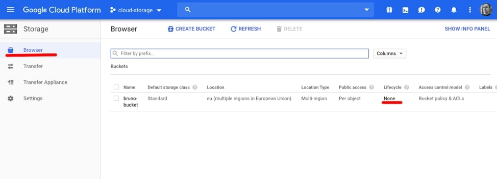 The bucket lifecycle management screen