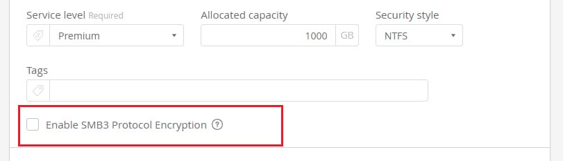SMB volumes allow you to select additional in-transit SMB3 protocol encryption.