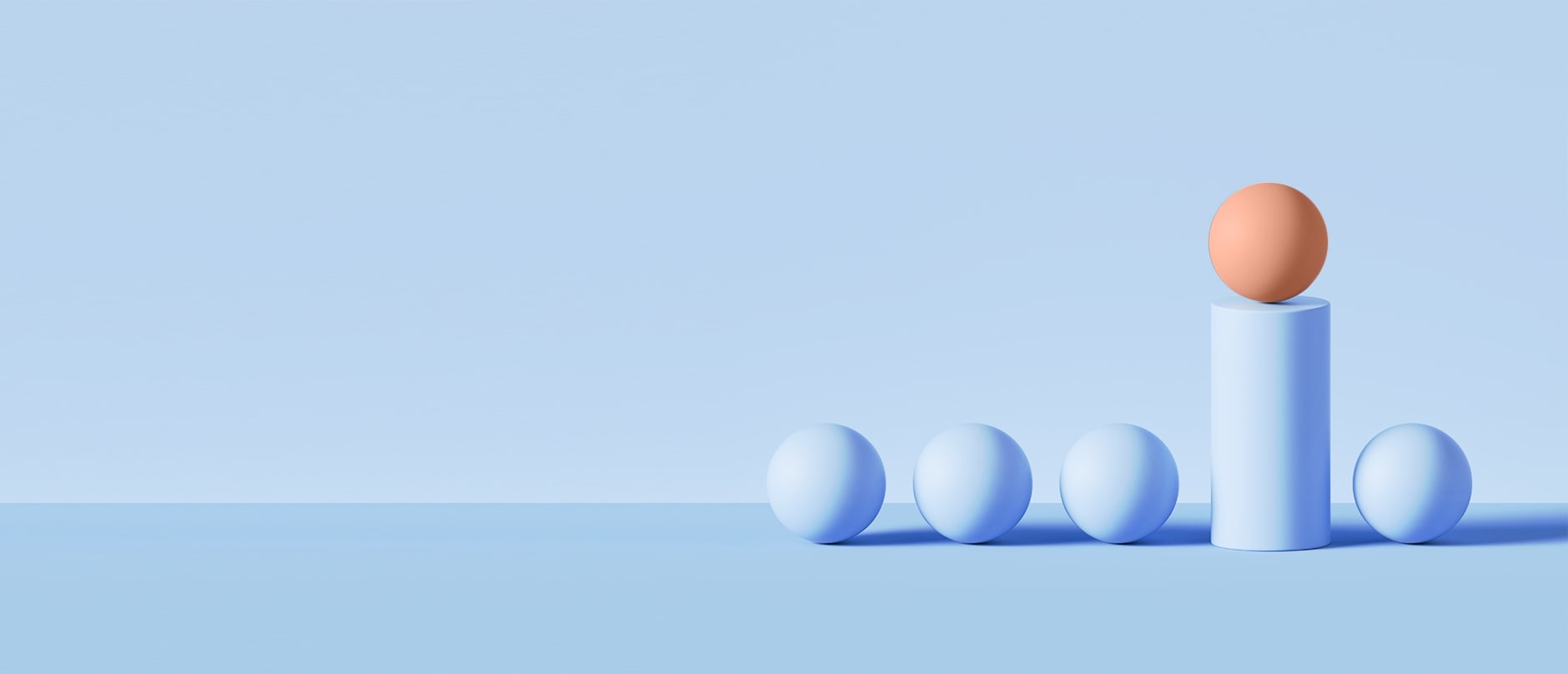4 blue spheres, 1 blue pillar with orange sphere resting atop it
