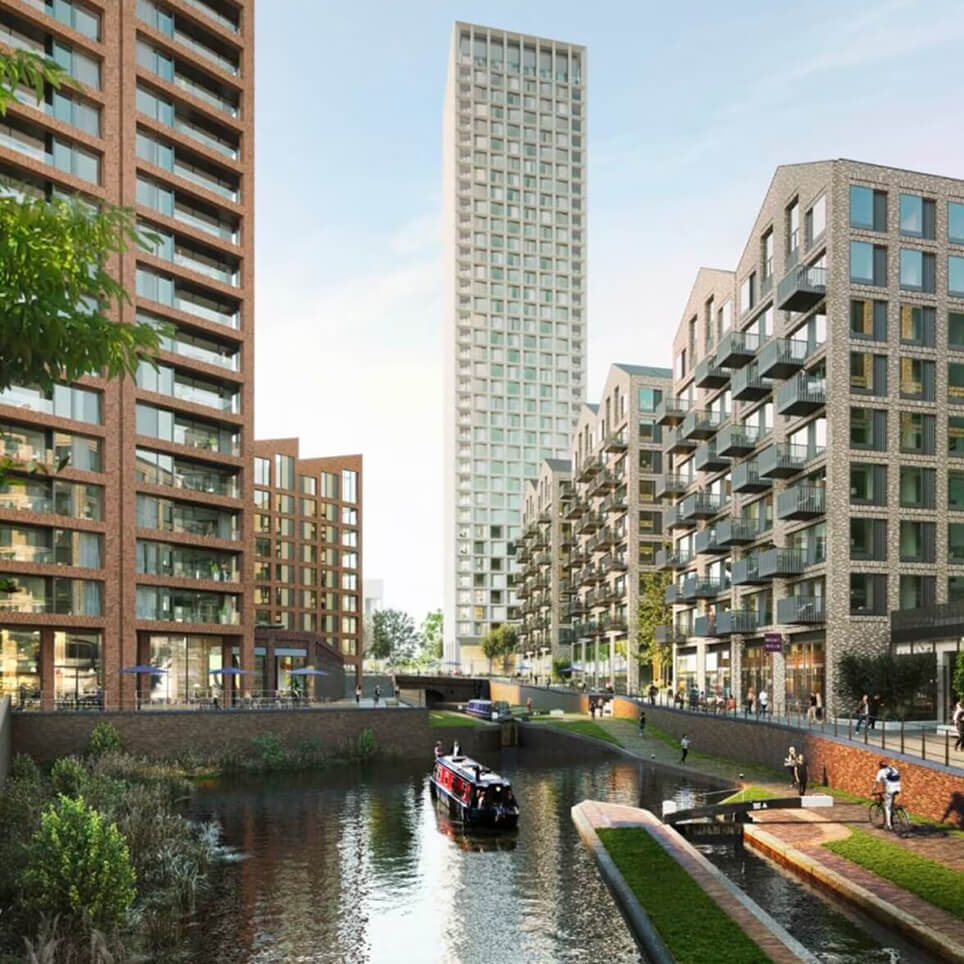 High-rise residential building, landscaped walkways, a narrow canal, and pedestrians in a contemporary city setting