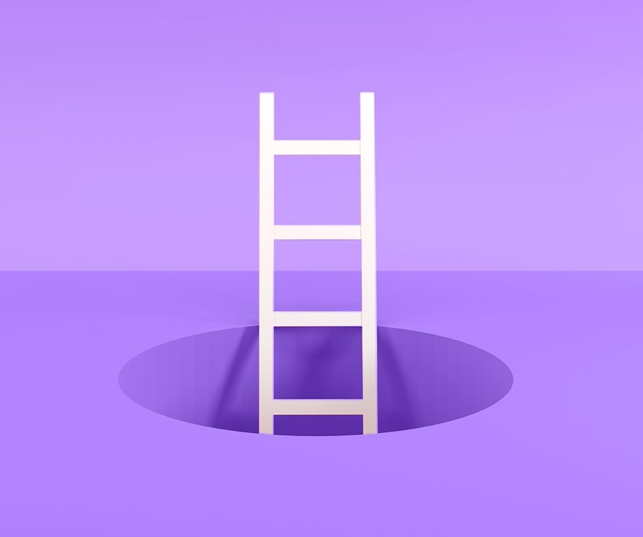 white latter extending upward from purple hole on purple background