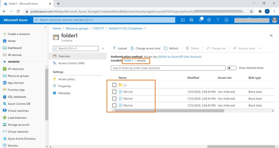 La carpeta se ha creado dentro del contenedor de almacenamiento Azure