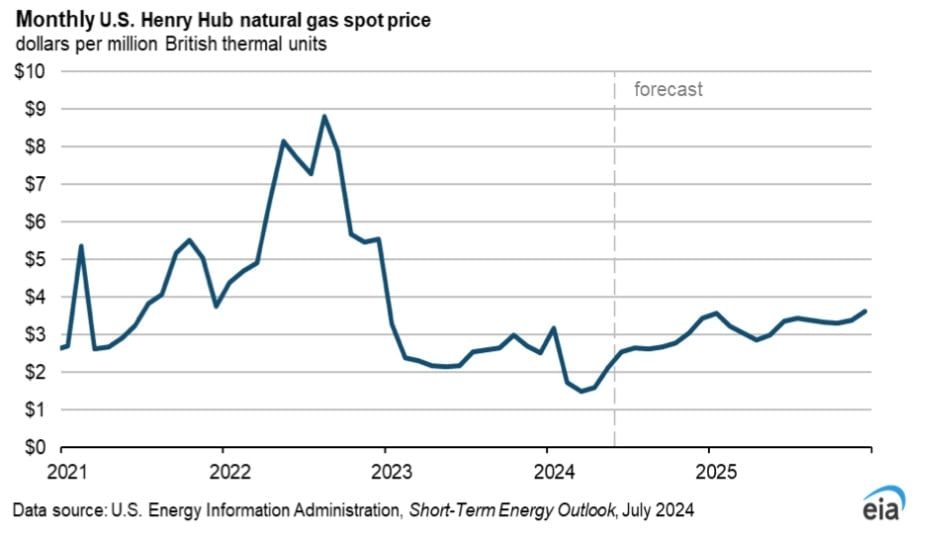 Graph of U.S. natural gas spot prices (2021-2025), peaking above $8 in 2022 and dropping below $2 in 2023. Source: EIA, July 2024.