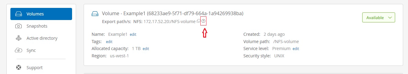 Just click the appropriate cloud volume and select the question mark icon next to the export path, as shown here.