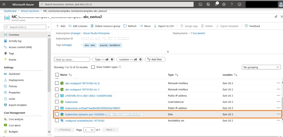 Browse to the resource group where the AKS nodes are created to find the newly provisioned disk listed there