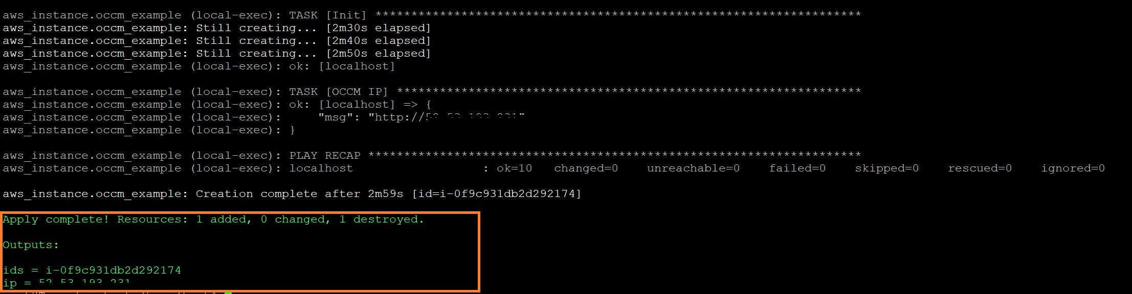 The Cloud Manager ID and IP as output