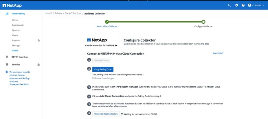 When you set up a cloud connection, Cloud Insights creates a secure token for the specific ONTAP system being connected. Copy the token and paste it into ONTAP System Manager.