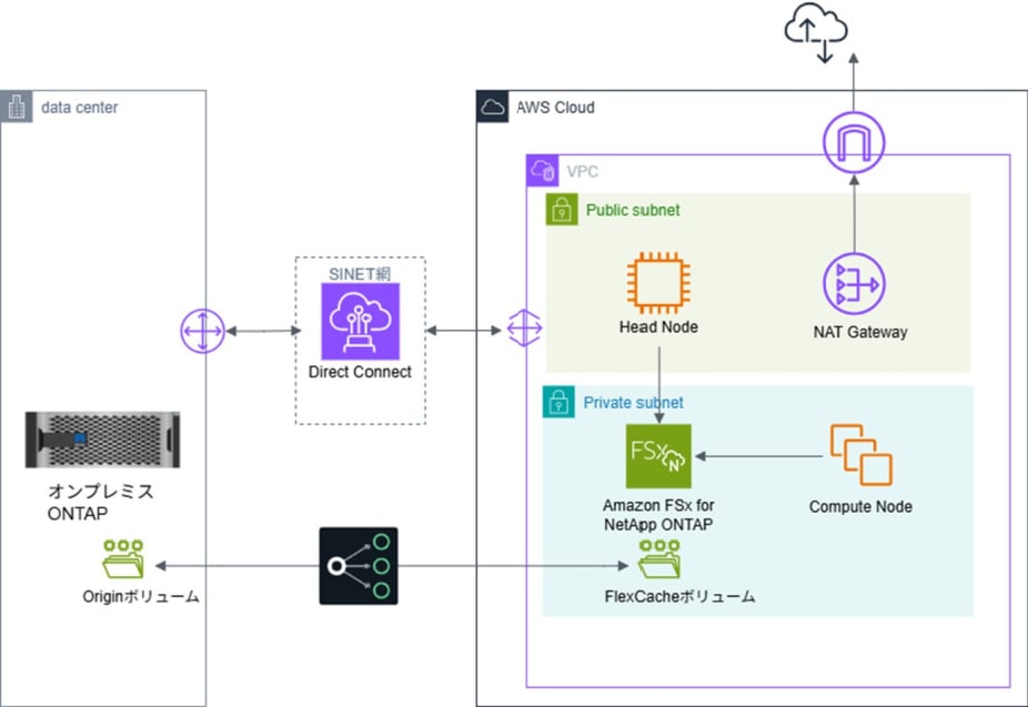 Diagram illustrating the integration of an on-premises ONTAP system with AWS Cloud via Direct Connect.