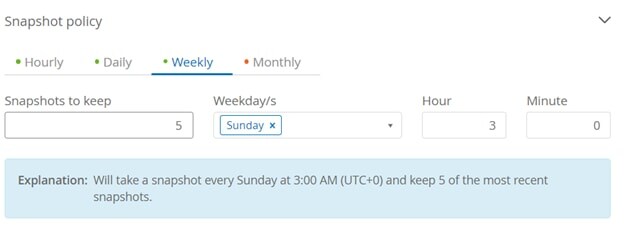 In this example, we configured a policy to create a Snapshot at 3:00 a.m. and to keep the five most recent Snapshot copies.
