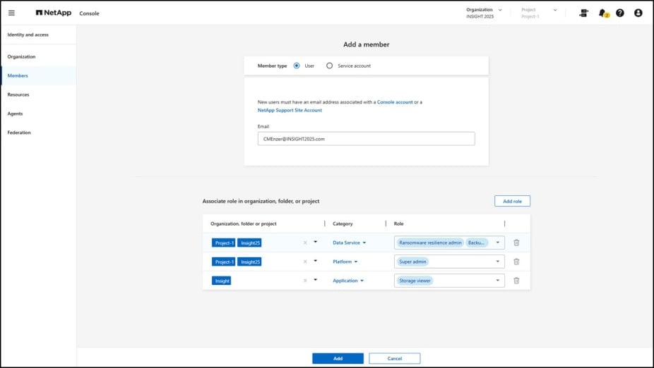 NetApp Console interface for adding a member, showing options to assign roles in different projects and categories, including Data Service, Platform, and Application.