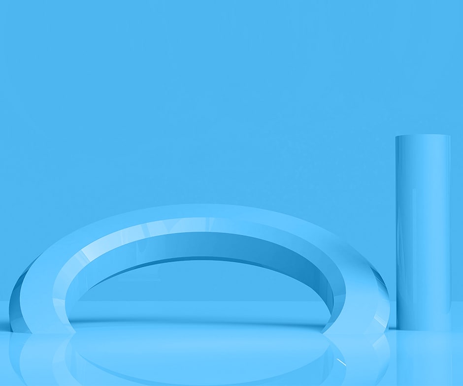 monochromatic light blue with 3D shapes rising from a liquid base
