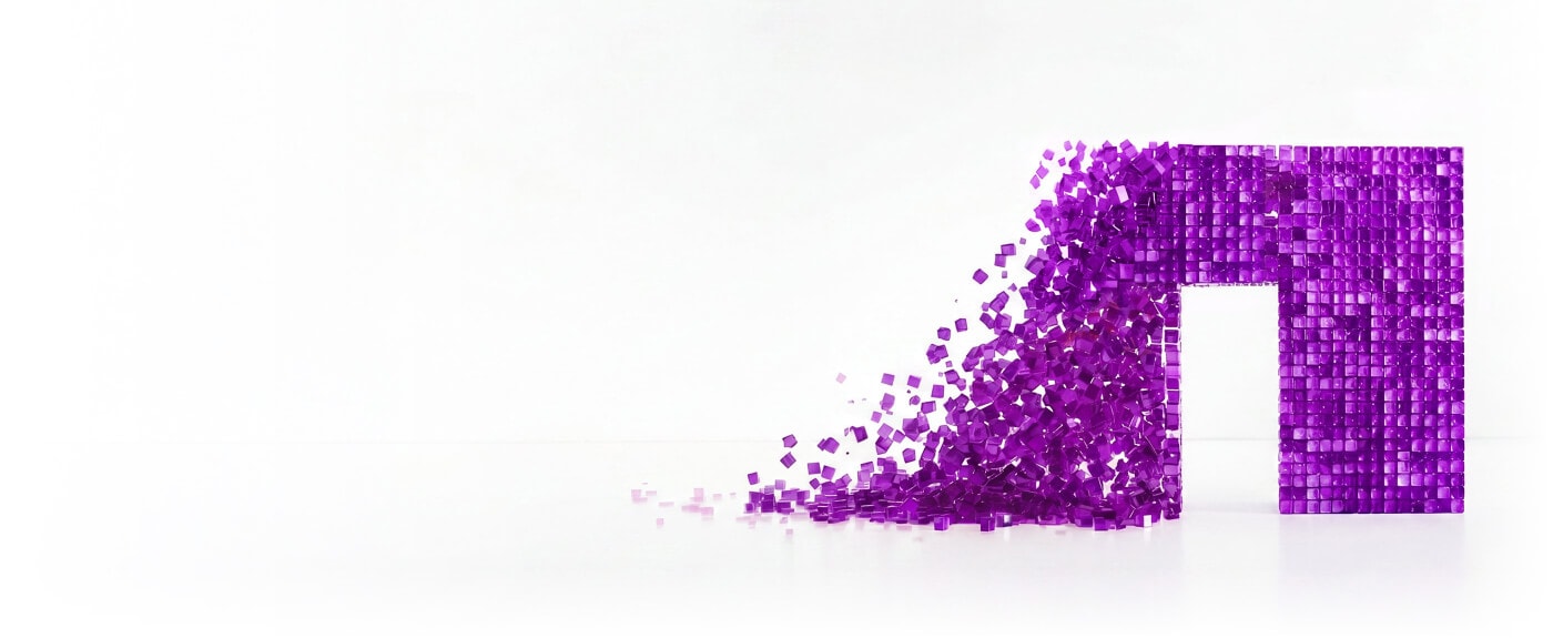 NetApp gateway made up of hudreds of purple glass boxes flowing together to form the NetApp N