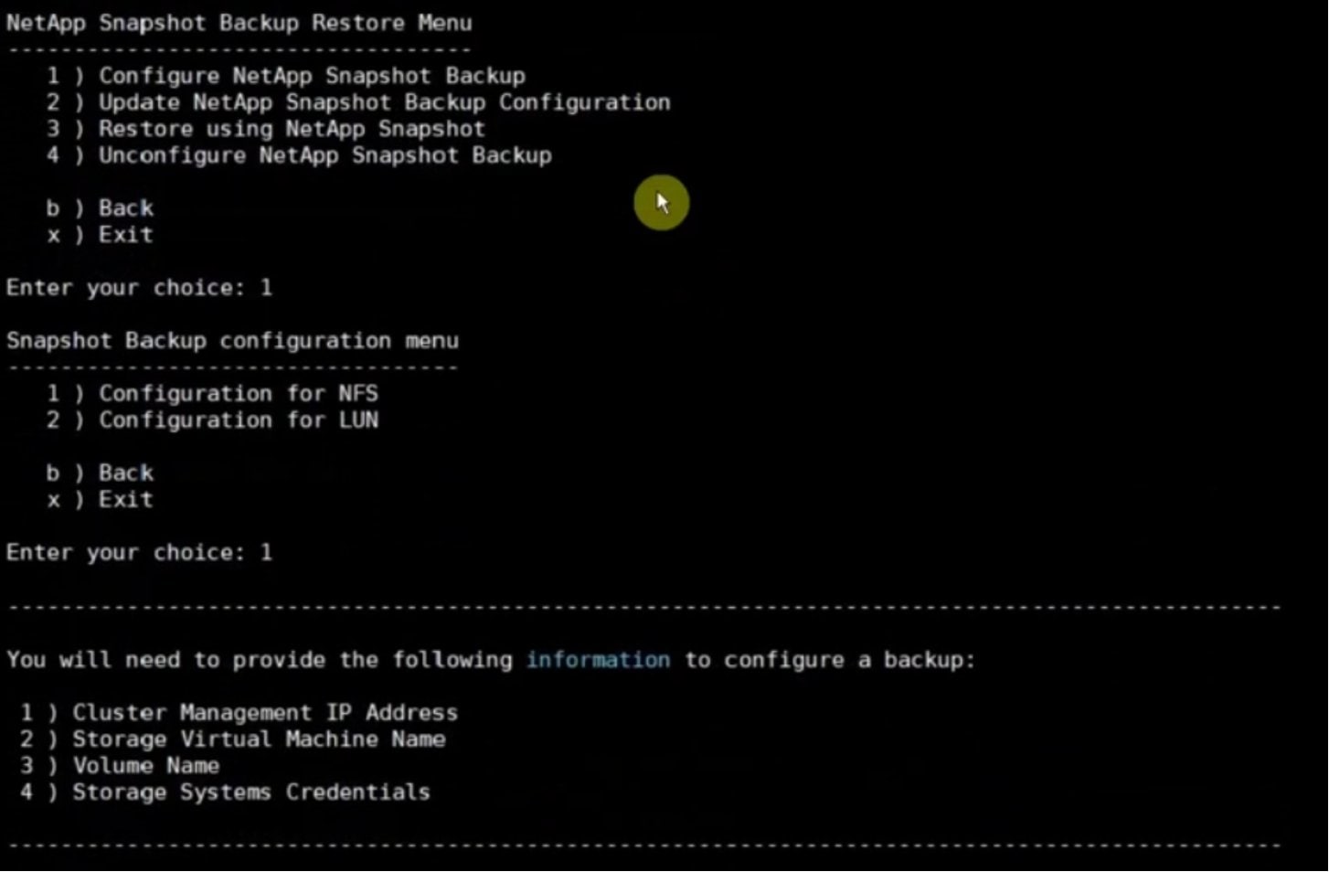 Active IQ Unified Manager snapshot backup restore menu
