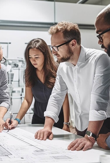 A group of people reviewing architectural drawings.