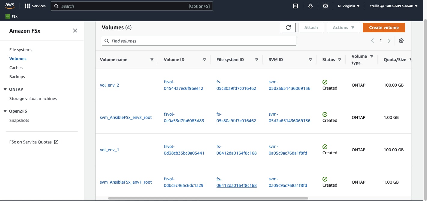 AWS FSx Console Volumes