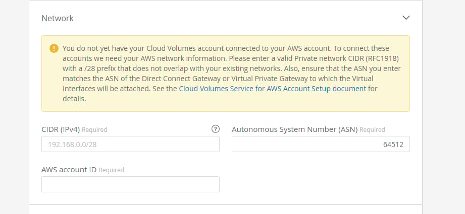 If this is your first time creating a cloud volume for AWS, the Cloud Orchestrator site prompts you to enter all of your AWS network details.