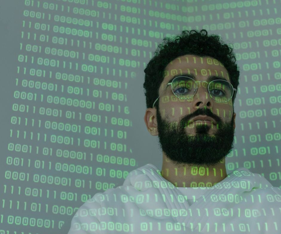 person image in the background with binary numbers on top of the person image