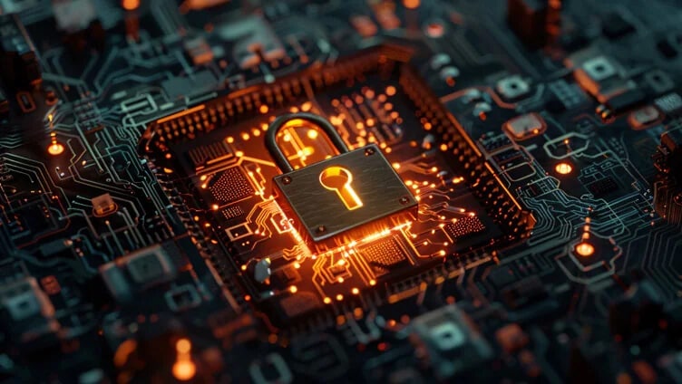 Ícone de cadeado digital brilhando em uma placa de circuito representando segurança de dados e criptografia.