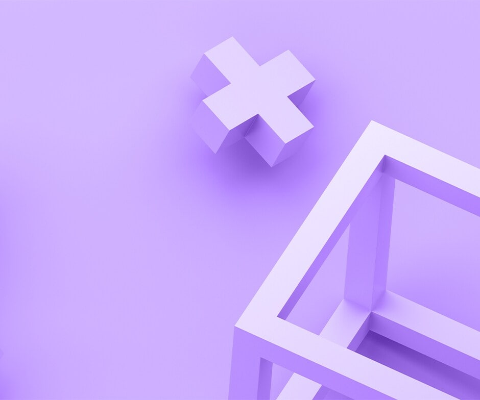 紫色背景中的紫色 3D X 和一个立方体的 3D 轮廓