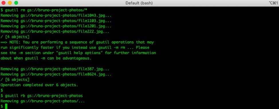 Removing files and bucket using gsutil