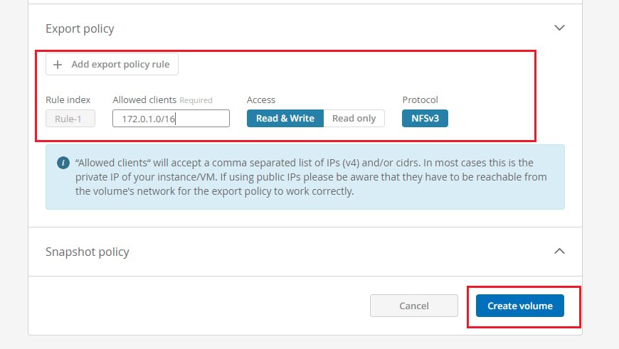 To control access permissions, add an export policy for the NFS volume. At this stage, that means entering IP ranges or single IP addresses from the AWS instances that need access to the NFS volume. 