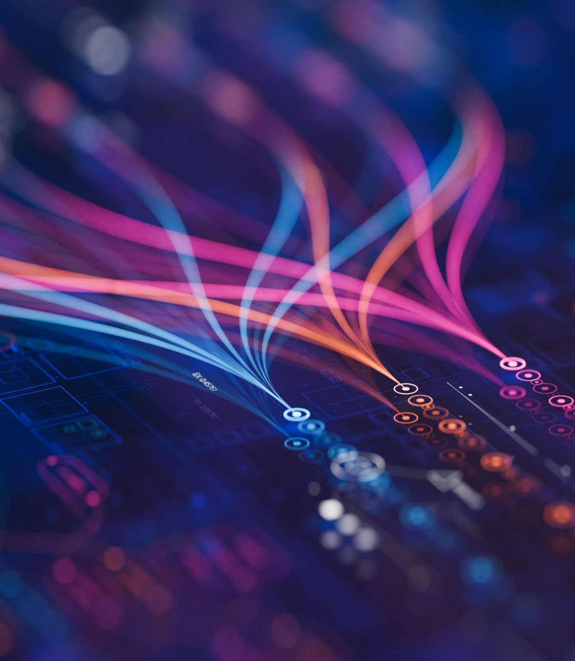 Abstract cyber resilience and digital network visualization with flowing data streams, connected nodes, and secure technology infrastructure.