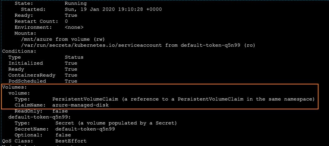 Verify hat he persistent volume is attached to the pod by using the following command