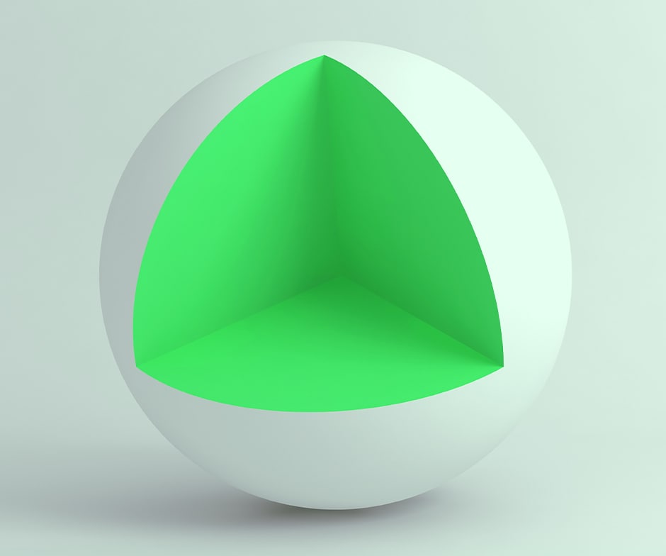 white sphere with piece cut out to reveal lime green interior