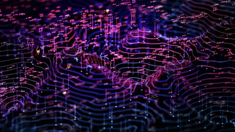 Ondas de dados abstratas em néon visualizando computação em nuvem, análise e fluxo de dados de IA.
