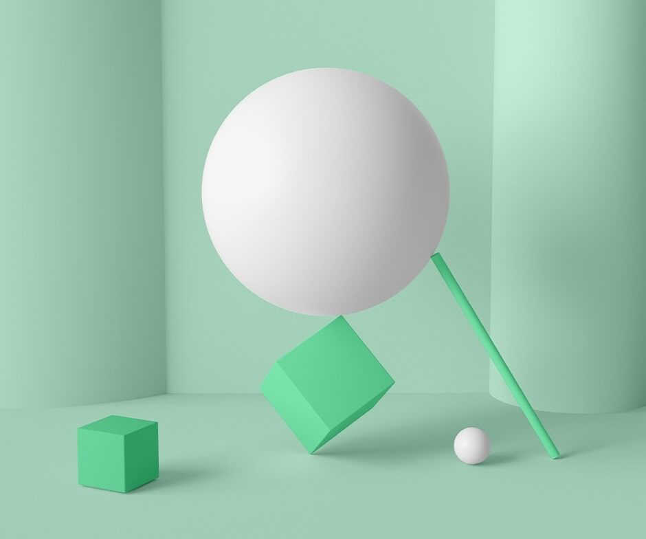 esfera blanca equilibrada sobre un cubo verde y una línea verde, sobre un fondo verde